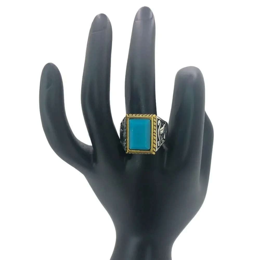 Silver and Gold Boho Ring with Blue Stone - Size 8.5